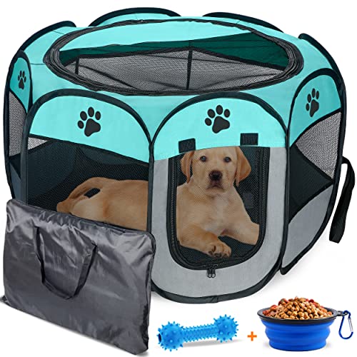 Petrealm Dog Playpen Indoor for Small, Medium and Large Dogs. Portable Dog Pen, Foldable & Pop up puppy playpen indoor & Outdoor Travel. Puppy Kennel comes with additional Toys and Bag. (Medium-Green)