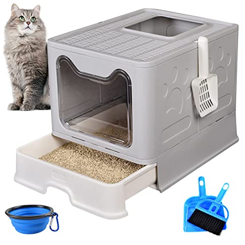 PINVNBY Large Foldable Cat Litter Box with Drawer Enclosed Cat Potty Tray with Lid Top Entry Toilet Anti-Splashing Cat Supplies with Plastic Scoop Easy Clean No Smell Kitty Toilet(Gray)