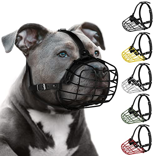 Pitbull Dog Muzzle Metal Mask Amstaff Secure Wire Basket Adjustable Durable Leather Straps for Large Dogs (Black)