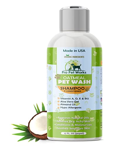 Pro Pet Works All Natural Soap Free 5 in 1 Oatmeal Dog Shampoo and Conditioner-Deshedding Formula for Dandruff Allergies & Itchy Dry Sensitive Skin-Puppy Grooming for Smelly Dogs -17oz