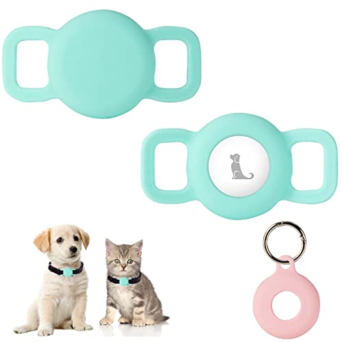 PuppyDoggy 2 Pack Airtag Holder for Collar, Dog Cat Tracker Case, Silicone Airtag Case Waterproof, Scratch-Resistant, Anti-Lost & 1 Pack AirTag Keychain Holder for Bag, Suitcase (Small, Mint Green)