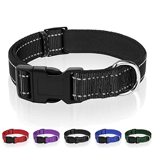 Rebnihc Reflective Dog Collar with Soft Neoprene Padded, Adjustable Nylon Dog Collar for Small Dogs, Black, S(5/8'' Wide, Neck 12''-16'')