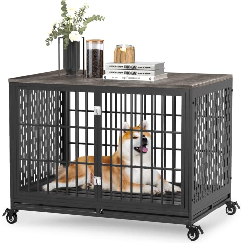 rehomerance 42" Heavy Duty Dog Crate for Large Medium Dogs, Furniture Style cage with 2 Removable Trays, 4 Lockable Wheels and 2 Locks, Decorative Pet House Wooden Cage Kennel Furniture Indoor