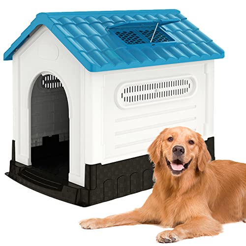 ROOMTEC 41 Inch Plastic Dog House Outdoor Indoor,Durable Dog House for Large Dogs,Waterproof Dog Houses with Elevated Floor/Air Vents/Sunroof (41.34" L*34.65" W*38.98H,Blue)
