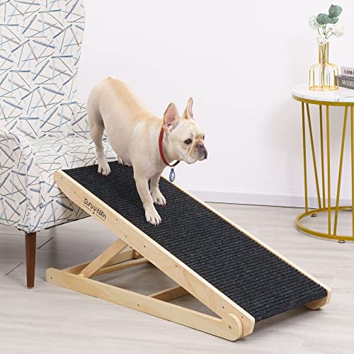 SweetBin Wooden Adjustable Pet Ramp for All Dogs and Cats - Non Slip Carpet Surface and Foot Pads - 41" Long and Adjustable from 12” to 24” - Up to 200LBS - Folding Dog Car Ramps for SUV, Bed, Couch