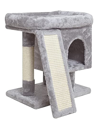 SYANDLVY Small Cat Tree for Indoor Cats, Modern Cat Activity Tower with Plush Perch, Kittens Condo with Scratching Post and Board, Cat Cave (Light Grey)