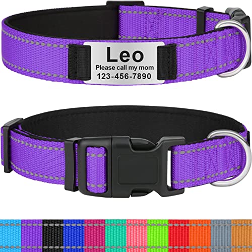 Taglory Personalized Dog Collars for Medium Dogs, Custom Reflective Dog Collar with Name Plate, Padded Pet Collar with Engraved Slide on ID Tags, Purple