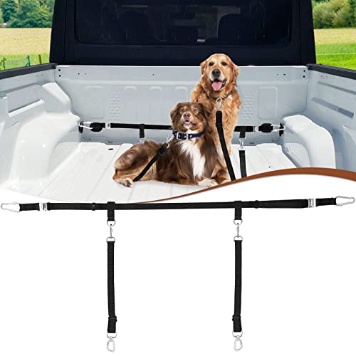 Truck Bed Dog Leash System for Two Dogs, Dog Pickup Tether Tie Down Car Harness Belt Heavy Duty, Pick-Up Restraint Lead Adjustable, Truck Leash for Dogs Up to 150lbs, Dog Truck Barrier Tie Down Out