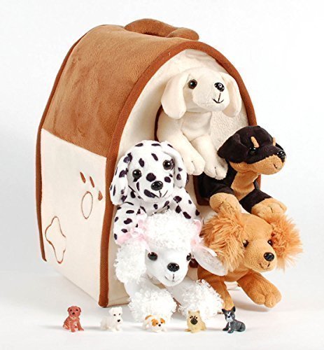 Unipak 12" Plush Dog House Carrying Case with Five (5) Stuffed Animal Dogs (Dalmatian, Yellow Labrador Retriever, Rottweiler, Poodle, and Cocker Spaniel) + Free Bonus Five Mini Puppy Figures