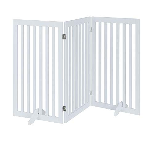 unipaws Freestanding Wooden Pet Gate for Dog and Cat, 24" H and 36" H Foldable Dog Gate with 2PCS Support Feet for Doorway, Halls, Stairs, White, Indoor Use