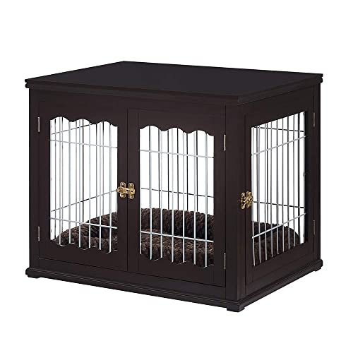 unipaws Furniture Style Dog Crate End Table with Cushion, Wooden Wire Pet Kennels with Double Doors, Medium Dog House Indoor Use