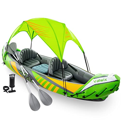 Valwix 2 Person Inflatable Kayak for Adults w/Sun Canopy, Paddles, Seats & Pump, Blow Up Kayak for Recreational Touring, Portable Tandem Kayak 600lbs Capacity…