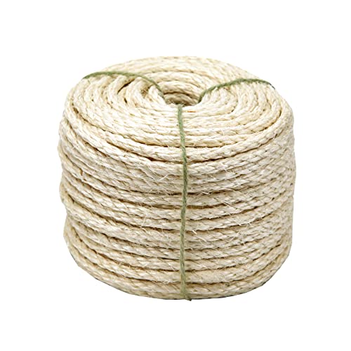 White Sisal Rope 1/4 Inch by 32-Feet for Cat Scratching Post Tree Tower Replacement Repair and Replace, DIY Hemp Twine Rope for Kittens Shelves Furniture Window Bed Perch House Climbing, 6mm by 10m