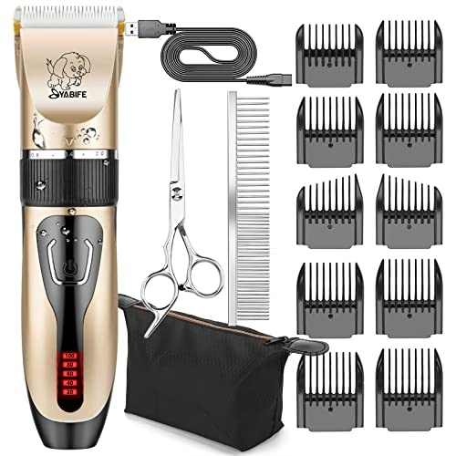 YABIFE Dog Clippers, USB Rechargeable Cordless Dog Grooming Kit, Electric Pets Hair Trimmers Shaver Shears for Dogs and Cats, Quiet, Washable, with LED Display (Yellow)