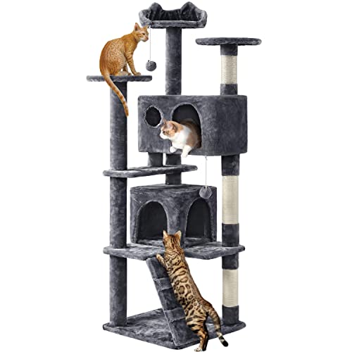 Yaheetech 61in Cat Tree Cat Tower for Indoor Cats, Cat Furniture w/Double Cat Condo, Scratching Posts, Multiple Platforms and Balls for Kittens & Cats, Dark Gray