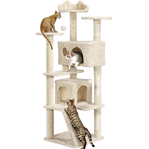 Yaheetech 61in Cat Tree Cat Tower for Indoor Cats, Cat Furniture w/Double Cat Condo, Scratching Posts, Multiple Platforms and Balls for Kittens & Cats, Beige