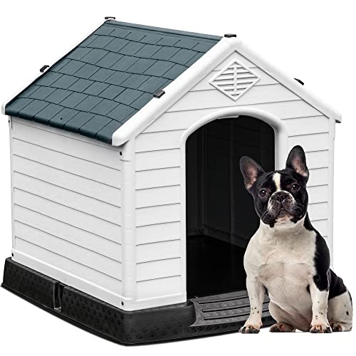 YITAHOME Large Plastic Dog House Outdoor Indoor Doghouse Puppy Shelter Water Resistant Easy Assembly Sturdy Dog Kennel with Air Vents and Elevated Floor (28.5''L*26''W*28''H, Gray)