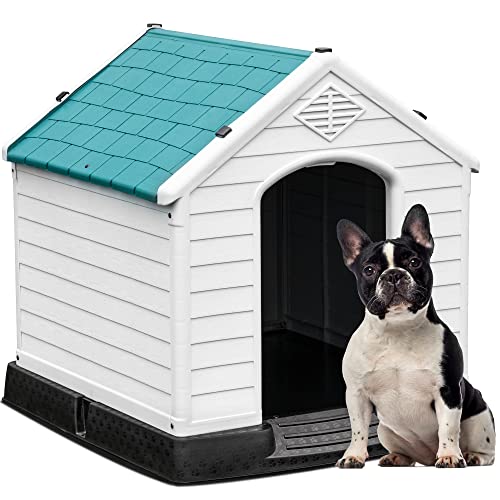 YITAHOME Large Plastic Dog House Outdoor Indoor Doghouse Puppy Shelter Water Resistant Easy Assembly Sturdy Dog Kennel with Air Vents and Elevated Floor (28.5''L*26''W*28''H, Blue)