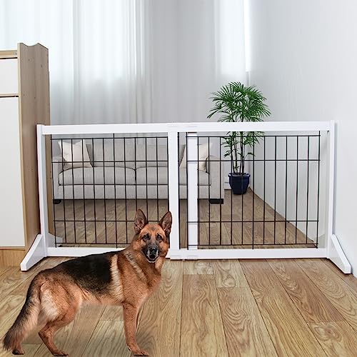 ZJSF Freestanding Doorway Dog Gate Adjustable Wooden White Expandable Pet Gate for The House Indoor Dog Gates Extra Wide Dog Fence