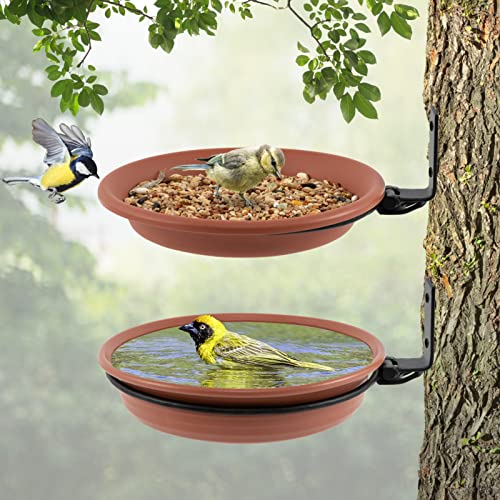 2 Bird Trays Tree Mounted for Bird Feeder Bird Bath Bowl, Installed on Wooden Fence Wall Tree Deck Stakes with Heavy Duty Iron Ring, 8.3'' in Dia of Different Depths