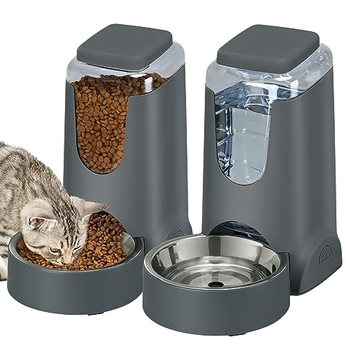 2 Pack Automatic Cat Feeder and Water Dispenser with Stainless Steel Dog Bowl Gravity Self Feeding for Small Medium Pets Puppy Kitten 1 Gallon x 2 (Black)