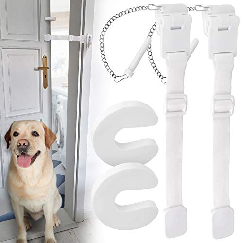 [2 Pack] Dog Door Strap Latch to Keep Dogs Out of Litter Box and Cat Food - Adjustable Door Strap for Pets, Includes Cat Door Stopper - Lets Cats in, Keeps Dogs & Babies Out - Easy to Use and Install