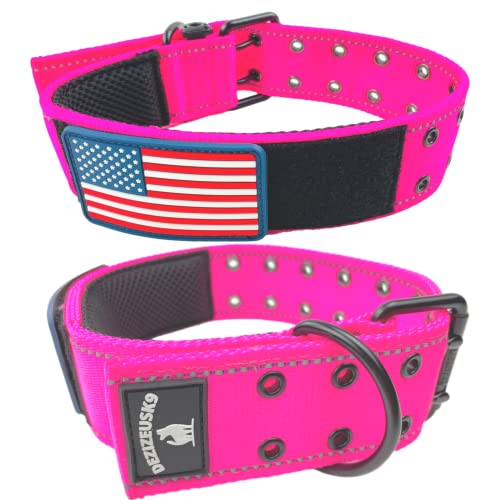 2" Personalized Tactical Dog Collar - Wide Thick Military Style with Strong Belt Buckle Closure - American Flag Patch - Reflective - MED and XL Sizes for Large and Giant Dogs