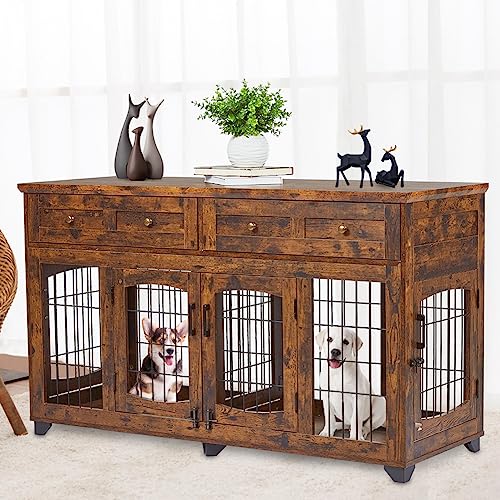 2 Rooms Dog Crate Furniture with Openable Partition,58" Wooden Dog Crate Table with 2 Drawers,5-Doors Dog Furniture,Indoor Dog Kennel,Dog House,Dog Cage,TV Stand