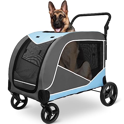 [2023 HOT] Dog Stroller for Large Dogs, Extra Large Pet Stroller for Medium Dogs, Carbon Steel Dog Stroller for 2 Dogs, Foldable Dog Wagon with Adjustable Handle, Up to 150 lbs (Grey)