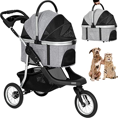 3-in-1 3 Wheels Large Dog Stroller Up to 80 lb for Multiple Medium Small Dogs Cats, Pet Cage Jogger Stroller with Portable Seat, Waterproof Folding Carrier Trolley, Foldable Pet Travel System, Grey