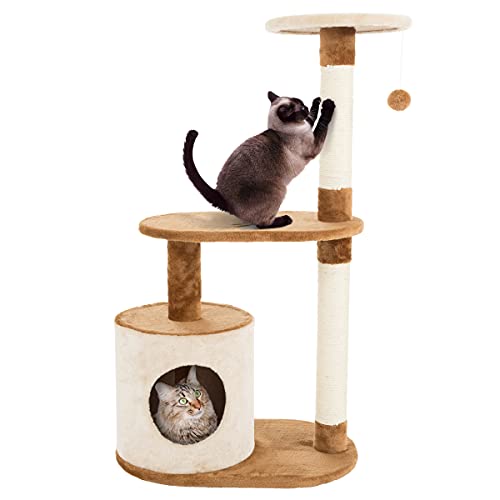 3-Tier Cat Tower - 2 Napping Perches, Cat Condo, 2 Sisal Rope Scratching Posts, and Hanging Toy – Cat Tree for Indoor Cats by PETMAKER (Brown)