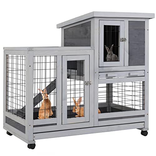 37 Inch Wood Rabbit Hutch Rabbit Cage Bunny Hutch Rolling Large Bunny Cage Indoor Outdoor Two Story Guinea Pig Hamster Hutch Rabbit House with Wheels