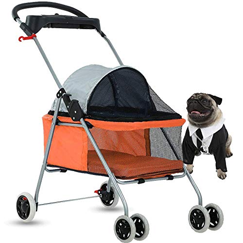 4 Wheels Pet Stroller Cat Dog Cage Stroller Protable Travel Folding Carrier Cart Waterproof Buggy Doggie Dog Stroller Jogger with Cup Holders for Small-Medium Dogs, Cat Orange