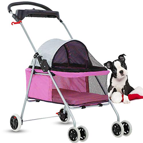 4 Wheels Pet Stroller Cat Dog Cage Stroller Protable Travel Folding Carrier Cart Waterproof Buggy Doggie Dog Stroller Jogger with Cup Holders for Small-Medium Dog, Cat - Pink