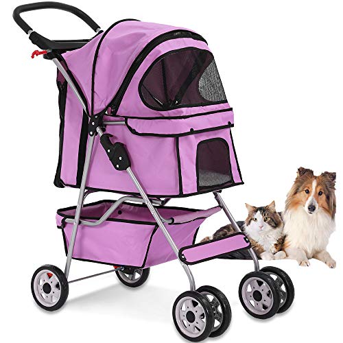 4 Wheels Pet Stroller Cat Dog Cage Stroller Travel Folding Carrier with Cup Holders and Removable Liner for Small-Medium Dog, Cat (Pink)