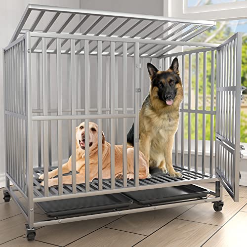 42 inch Heavy Duty Indestructible Dog Crate for Large Medium High Anxiety Dogs, Non-Toxic Stainless Steel XL Dog Cage Kennel Indoor with Lockable Wheels, Removable Tray, Extra Large Dog Crates