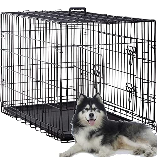 48 inch Large Dog Crate Dog Kennel Cage Metal Wire Crates Pet Cages Double-Door Foldable Kennels with Handle and Plastic Tray, Indoor&Outdoor, Black XXL