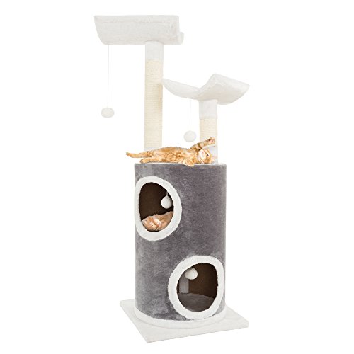 5-Tier Cat Tower with 2 Napping Perches, 2 Story Cat Condo, 2 Sisal Rope Scratching Posts, Hanging Toys – Cat Tree for Indoor Cats by PETMAKER (Gray)