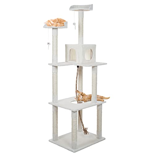 6-Foot Cat Tower - Napping Perches, Cat Condo, 9 Sisal Rope Scratching Posts, Hanging Toys and Rope – Cat Tree for Indoor Cats by PETMAKER (Ivory)