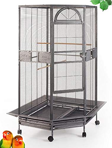 64" Extra Large Corner Bird Flight Breeding Wrought Iron Rolling Parrot Cage with Around Seed Guard (30" x 30" x 63.5"H, Black Vein)