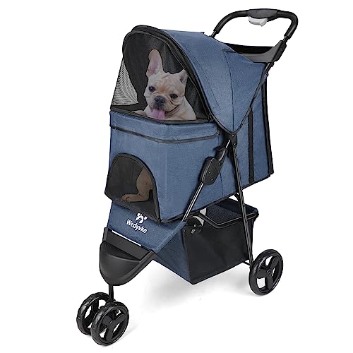 AESRAOU Pet Stroller Foldable Cats/Dogs Stroller with Storage Basket and Cup Holder 3 Wheels Dog Cat Carrier Strolling for Small or Medium Dogs,Cats,Puppy (Blue)