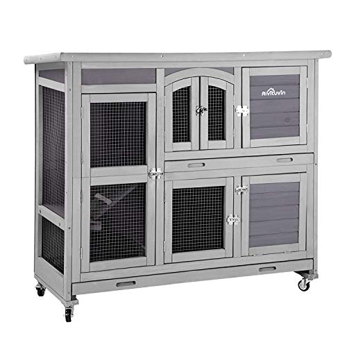 Aivituvin 47" Two Story Rabbit Hutch Bunny Cage with Wheels, Indoor Outdoor Guinea Pig Cage with 2 Deep No Leak Tray