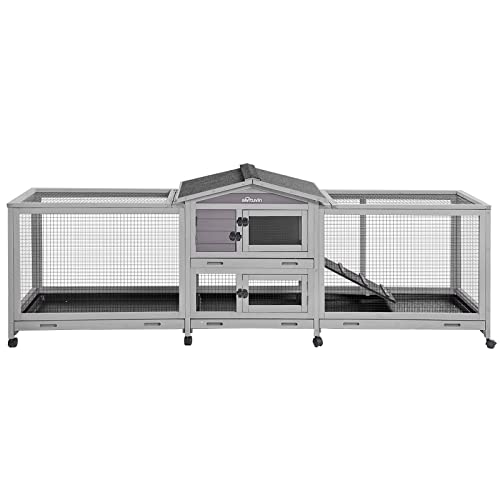 Aivituvin Rabbit Hutch 93.7" Large Indoor & Outdoor Chicken Coop on Wheels Bunny/Guinea Pig Cage with 4 Deep No Leakage Pull Out Tray,Waterproof Roof
