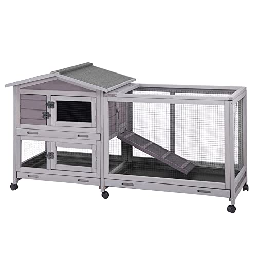 Aivituvin Rabbit Hutch Indoor 62" Cage Outdoor Chicken Coop Guinea Pig Cage on Wheels Bunny Cage with 3 Deep No Leakage Pull Out Tray,Waterproof Roof (Grey)