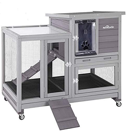 Aivituvin Rabbit Hutch, Indoor Bunny Cage with Run Outdoor Rabbit House with Two Deeper No Leak Trays - 4 Casters Include (Grey)