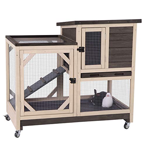 Aivituvin Rabbit Hutch Rabbit Cage Indoor Bunny Hutch with Run Outdoor Rabbit House with Two Deeper No Leak Trays - 4 Casters Include (Without Bottom Wire Netting)