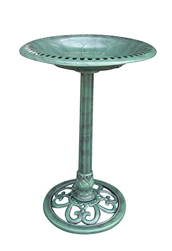 Alpine Corporation 28" Tall Outdoor Birdbath with Scrollwork Decoration Yard Statue, Green