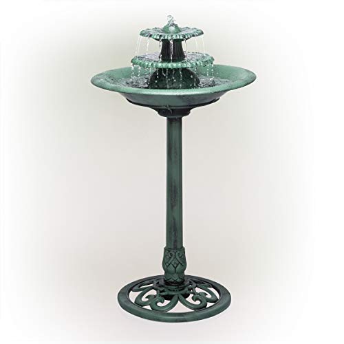 Alpine Corporation 35" Tall Outdoor 3-Tiered Pedestal Water Fountain and Birdbath, Green