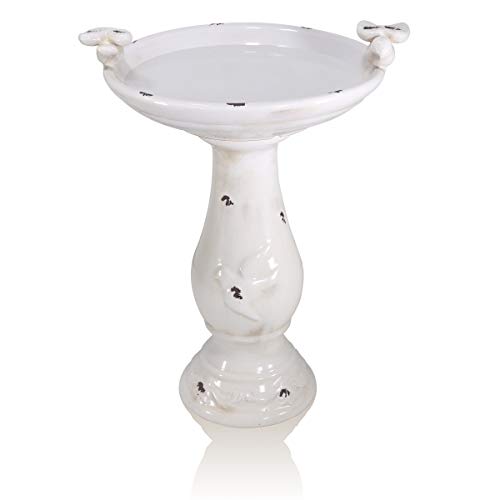 Alpine Corporation TLR102LBR Alpine Pedestal Bath with 2 Figurines Antique Ceramic Birdbath with Birds, 24 Inch Tall, 19"L x 16"W x 25"H, Light Brown