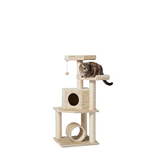 Amazon Basics Cat Tree Tower with Tunnel And Scratching Post - 19 x 19 x 43 Inches, Beige